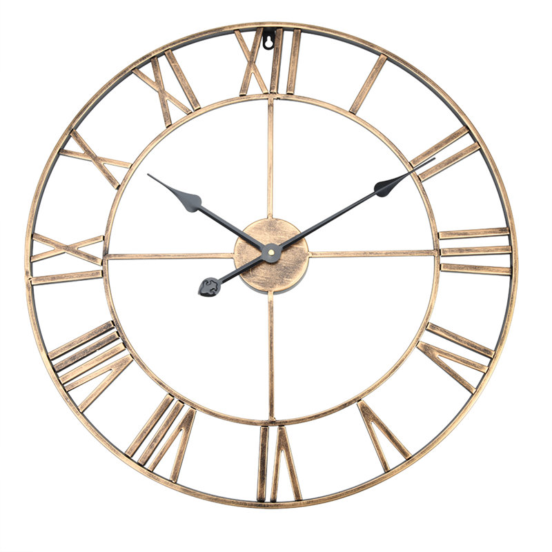 Horloge murale ronde classique en métal, grand format, chiffres romains, décoration intérieure (dorée, 60 cm de diamètre)