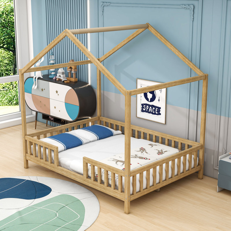 House Bed With Slats And Safety Railings, Natural, Full