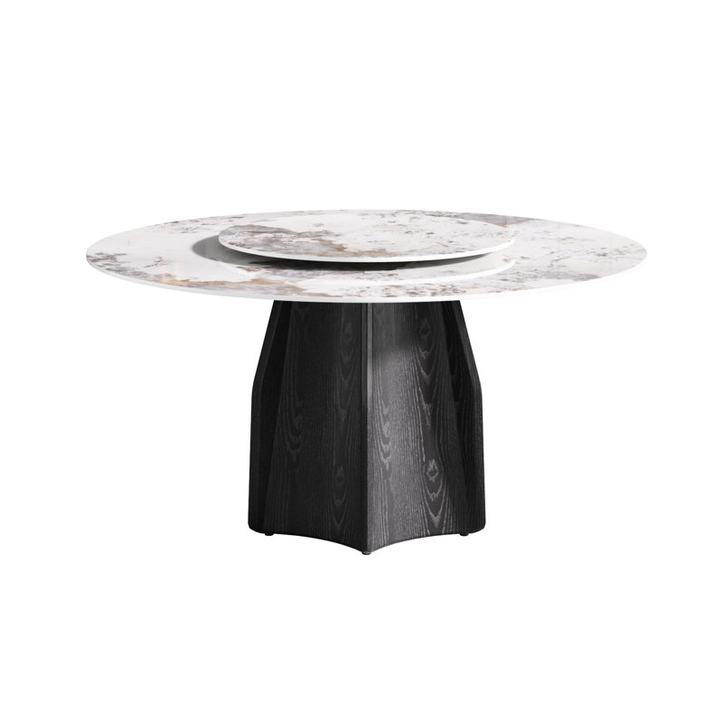 Table de salle à manger ronde de 60,81 po avec dessus en pierre frittée solide et base noire, 6-8 places, disque rotatif blanc de 31,5 po, feu, plateau tournant en bois de chêne stable et résistant aux égratignures, pour personnes