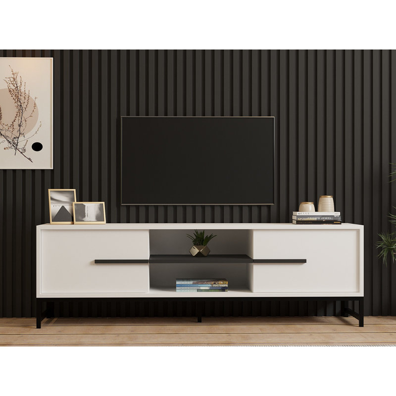 Meuble télé moderne blanc de 63,0 po x 19,7 po x 15,7 po | 100% panneau de particules enduit de mélamine, 0,7 po d'épaisseur | Nombreuses tablettes, fixation murale, rangement supplémentaire | Design élégant et fonctionnel pour le salon