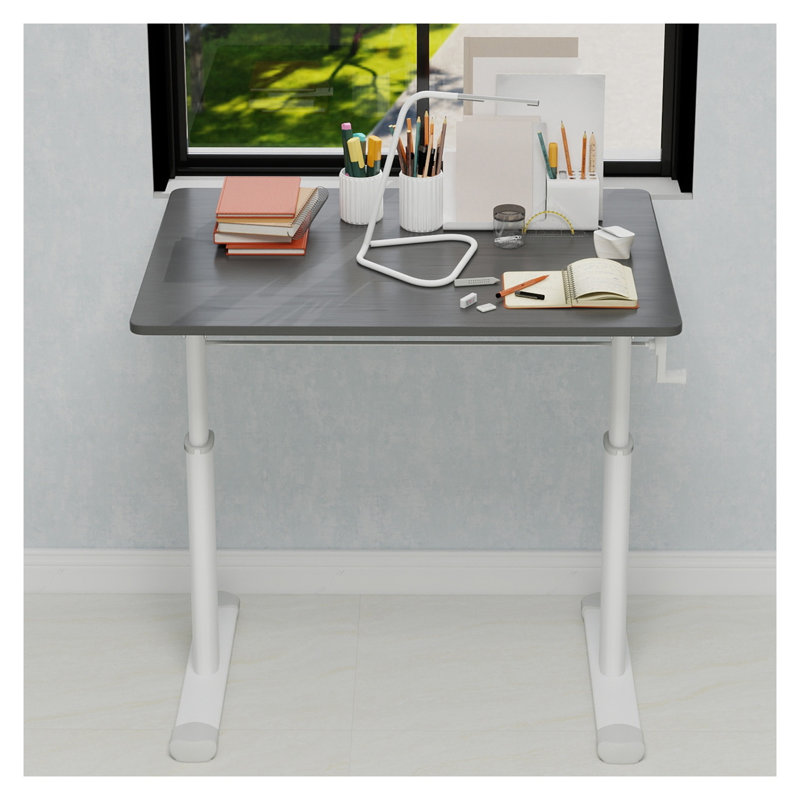 Bureau debout réglable en hauteur, bureau compact à domicile 60 x 80 cm avec manivelle, bureau d'étude ergonomique pour adultes et enfants, plateau gris avec cadre blanc