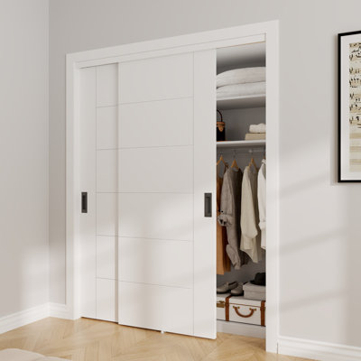JUBEST 60"X80" Smooth White Primed 7-Panel Molded Sliding Closet Doors With Installation Hardware Kit And Matte Black Flush Pull