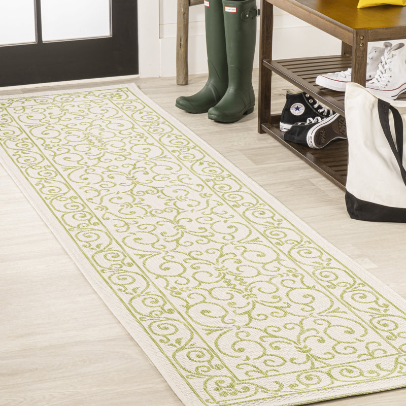 Debbe Vintage Filigree Textured Weave Cream/Green Indoor/Outdoor Rug, Runner 2'2" x 10'
