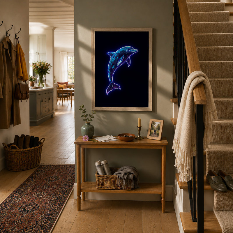 Neon Dolphin Leap Modern - Framed Print, A4 - 29.7 x 21.0 cm, Oak