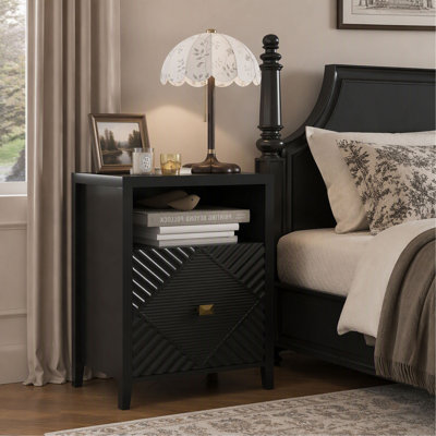 Black 19-Inch Nightstand with Charging Station, USB Port and Storage Shelf for Bedroom and Living Room