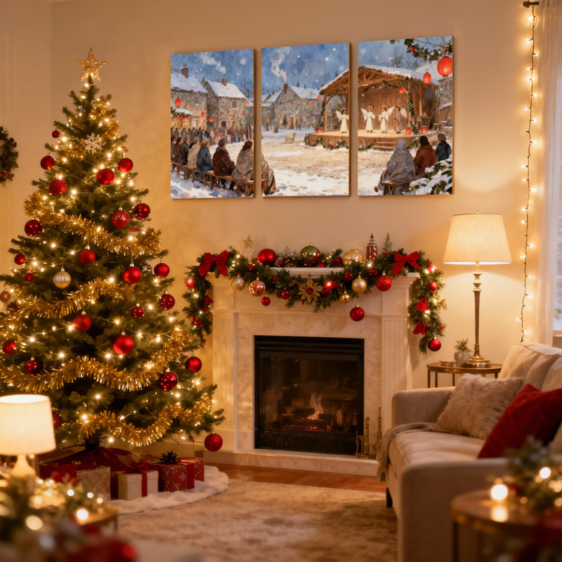 Ensemble de 3 reproductions d'art sur toile, crèche de Noël avec chutes de neige, H 30 po x l 60 po