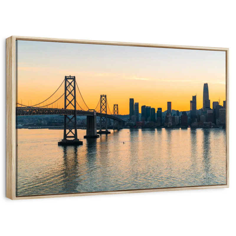 Golden Oakland Bay Bridge, Floating Frame Natural Wood, 43" X 29"