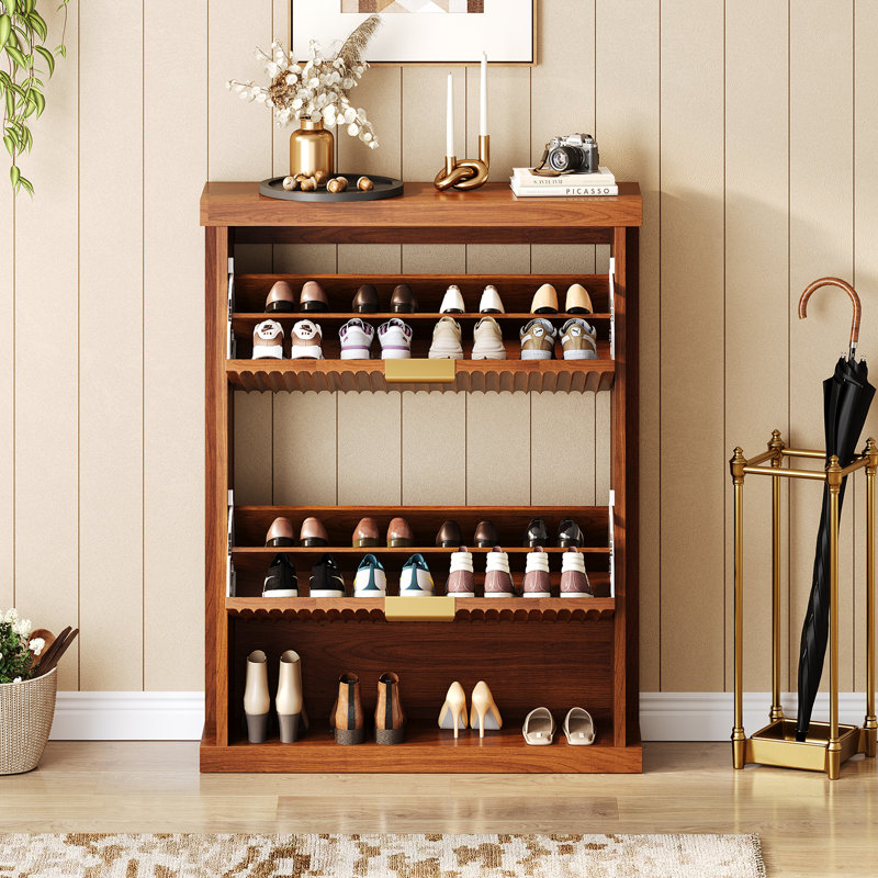 Knoworld Shoe Cabinet Storage For Entryway, 2 Flip Drawers With Toe Kick Space, Fluted Slim Shoe Cabinet For Foyer, Hallway