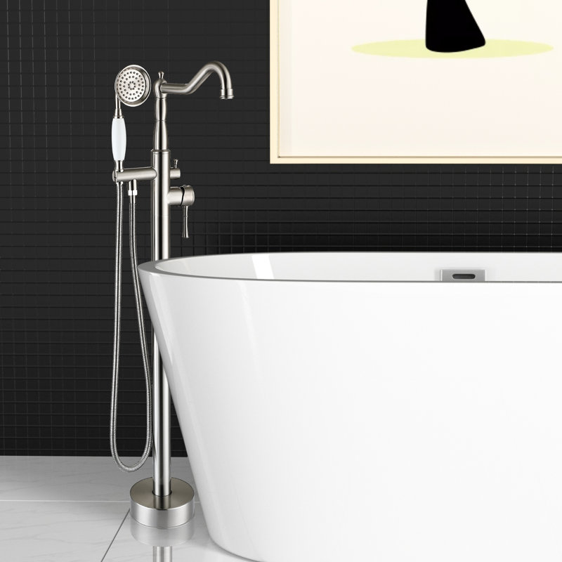 Brushed Nickel Bathroom Tub Faucet With Hand Shower - Solid Metal, 6.53 In. Width Stylish Freestanding Metal Material, 44.12 Depth