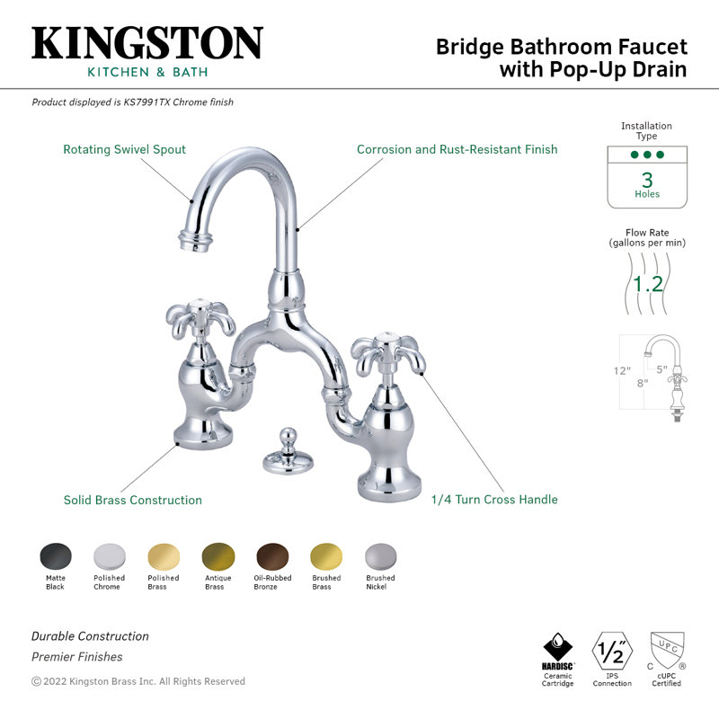 Kingston Brass French Country Two-Handle 3-Hole Deck Mount Bridge Bathroom Faucet with Brass Pop-Up, Polished Chrome