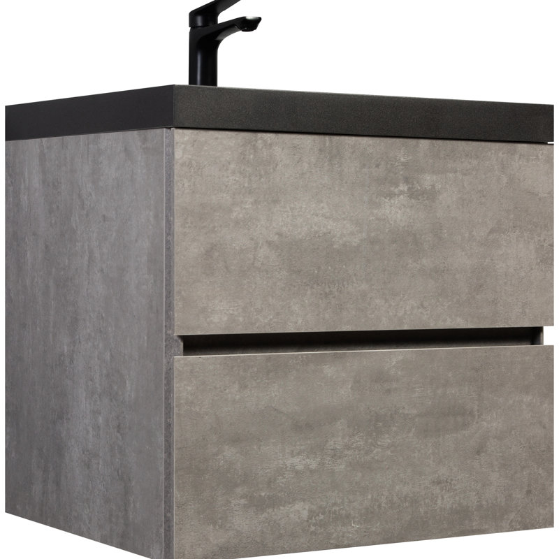 Meuble-lavabo flottant 24 po. Armoire grise avec lavabo à sable en quartz noir. Évier encastré 24 po. Bassin résistant aux taches. Tiroirs à fermeture en douceur. Espace de rangement.