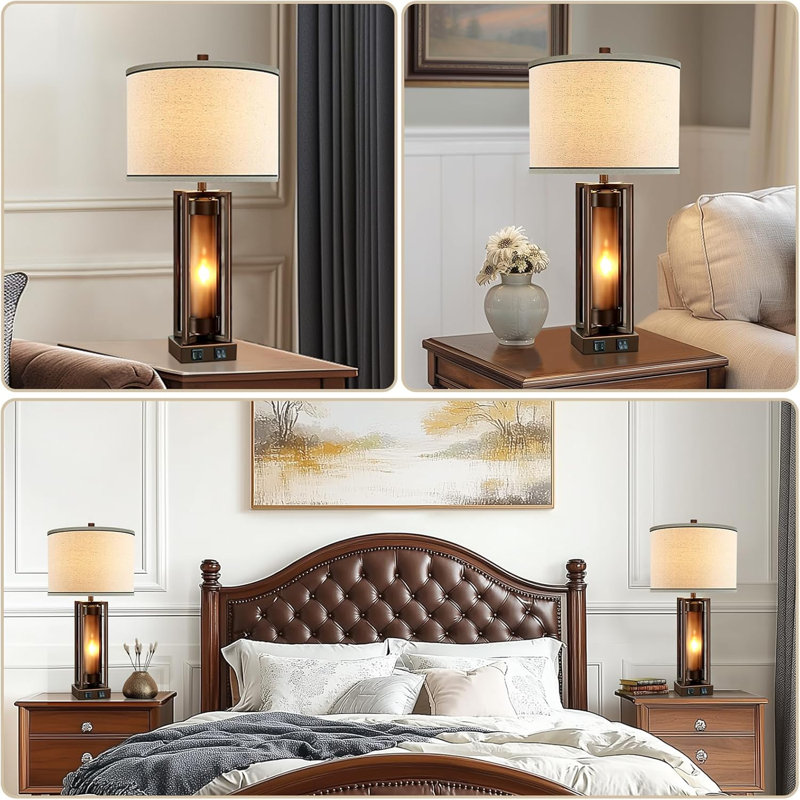 Rustic Brown Metal Table Lamps Set of 2 with Beige Linen Shades and USB Ports
