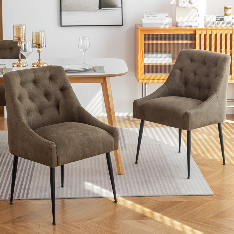 Dining Chairs,Mid Century Dining Chairs,Upholstered Faux Leather Dining Chairs with Back Pull Rod, Olive Green