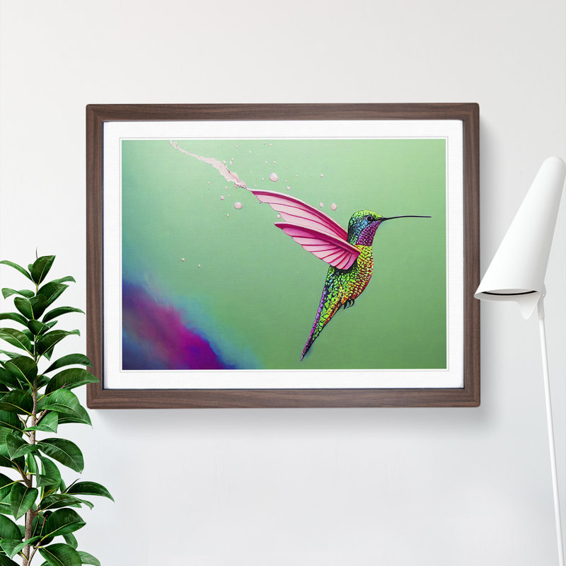 Colourful Hummingbird Vol.3 - Painting, Walnut Framed, 25cm H x 34cm W x 2cm D