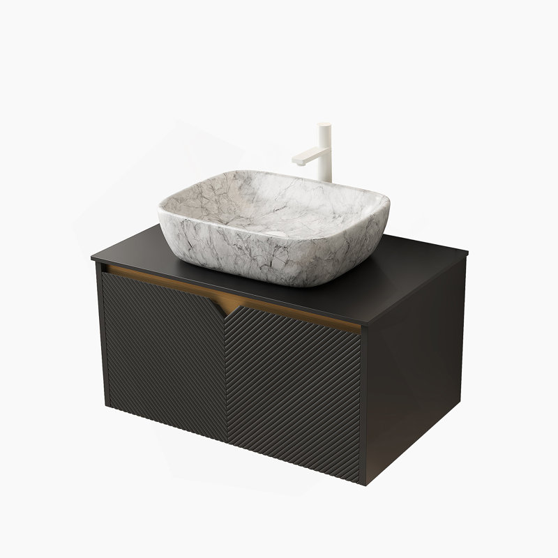Meuble-lavabo 30 po, meuble de rangement mural en contreplaqué flottant, portes doubles en sergé avec garniture en métal, vasque rectangulaire en céramique à motif marbré et plateau en pierre frittée noire, noir
