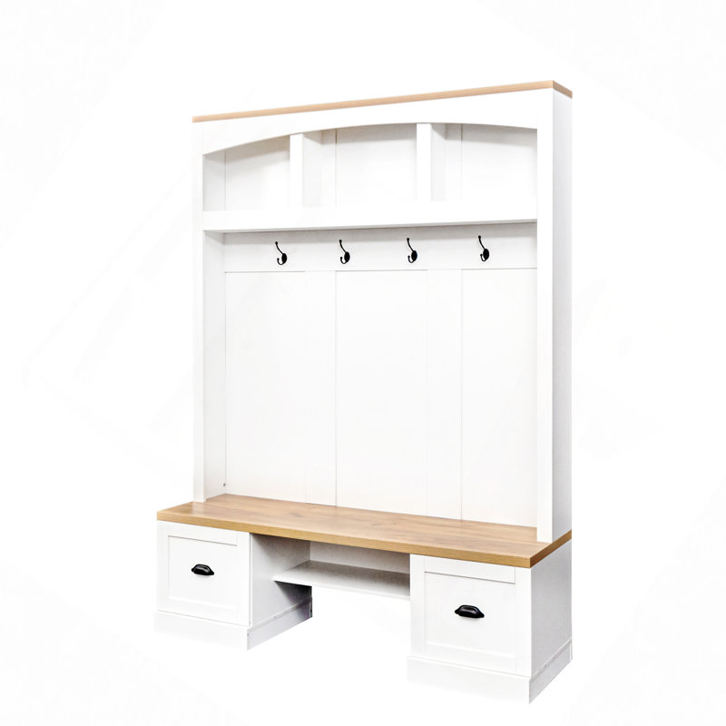 Arbre d'entrée 4 en 1 avec banc et plateau en grain de bois, portemanteau multifonctionnel avec crochets et poignées coquille, banc de vestibule avec tablettes réglables pour le couloir, le salon