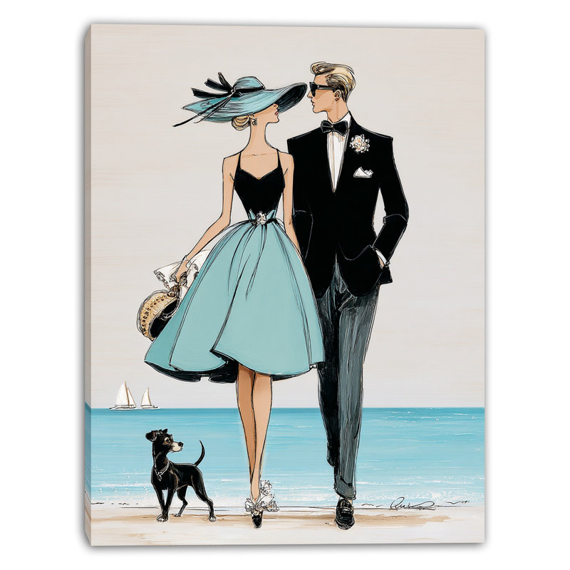 «Elegant Couple Walking by the Sea with Dog», art mural sur toile tendue, H 40 po x l 30 po