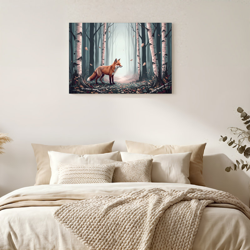 «Red Fox» debout dans une forêt de bouleaux brumeux avec des feuilles tombées, art mural, 20"H x 30"W