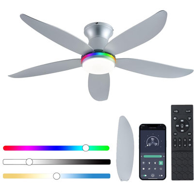 Ceiling Fan With Light, 48" RGB Low Profile Ceiling Fans With Lights And Remote Control, Dimmable, DC Reversible Motor, Noiseless, 6 Speeds Flush Mount Ceiling Fan For Bedroom