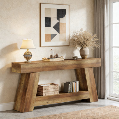 Console de style campagnard 70,9 po, canapé à 2 niveaux avec tablette de rangement ouverte et structure trapézoïdale pour l'entrée, le couloir ou le salon