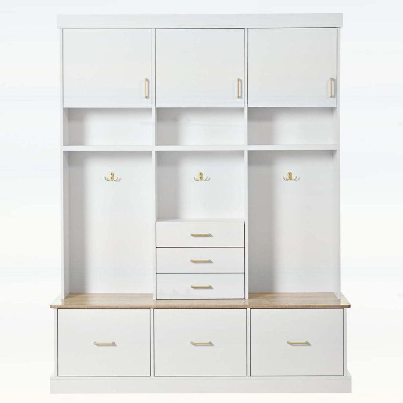 Hall Tree with Bench,Coat Rack,6 Drawers,3 Cabinets,for Hallway,Entryway,Living Room,Mudroom, White/Natural