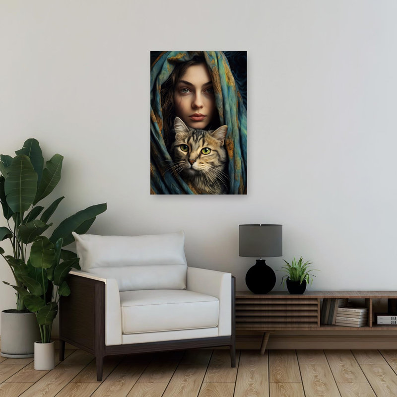«Mysterious Woman and Cat», reproduction d'art mural contemporain, H 36 po x l 24 po
