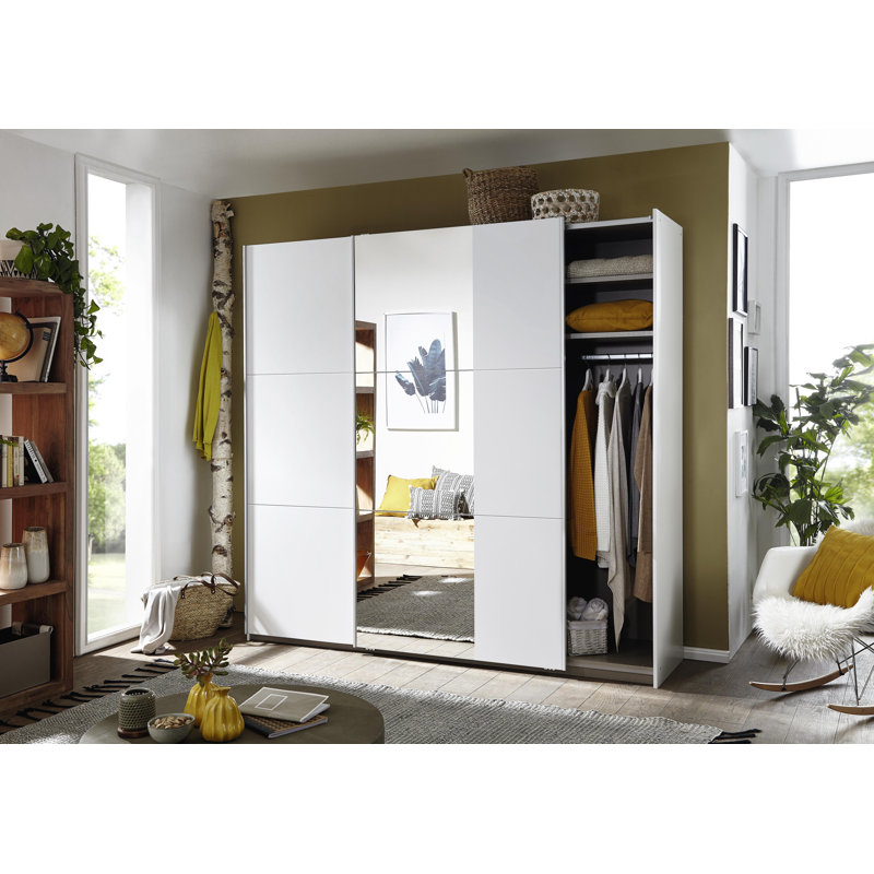 Santiago Wardrobe with Mirror and Three Different Equipment Options, Basic, 210cm H x 218cm W x 59cm D, White with Mirror