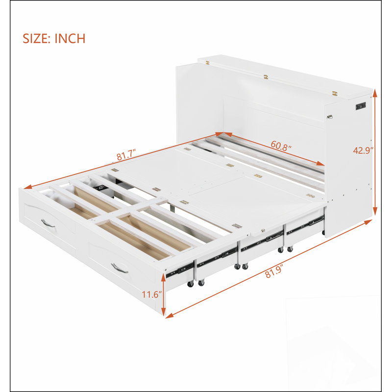 Grand lit escamotable mural avec tiroir et un ensemble de prises et de ports USB, structure à poulie