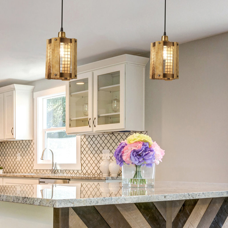 5"W Brushed Gold Metal Pendant Light with Wood Shade