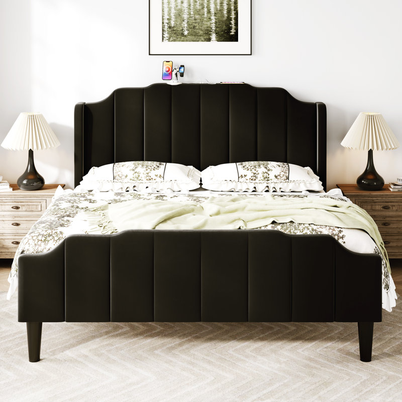 Modern Velvet Upholstered Platform Bed With Curved Headboard,Charging Station, Black, Queen
