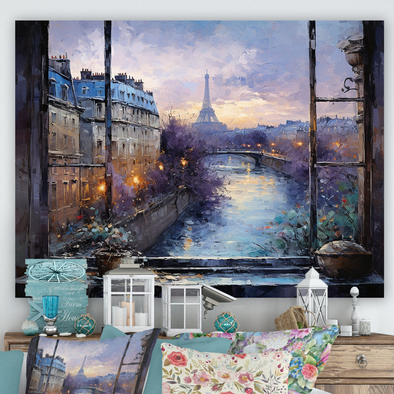 Vue de la fenêtre de Paris au coucher du soleil - Art mural Paris, Toile tendue, H 24 po x l 32 po x P 1 po
