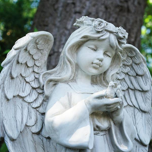 Statue de jardin 20,5 po ange blanc tenant un oiseau