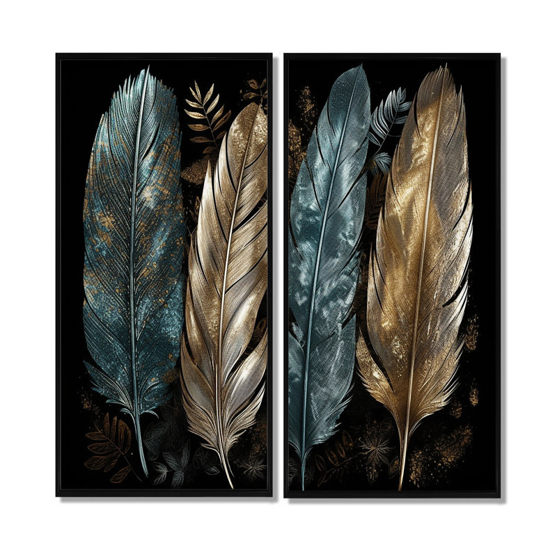 Plumes dorées dorées I - décoration murale moderne 2 panneaux, 32'' H x 32'' W, Impression encadrée flottante, Black