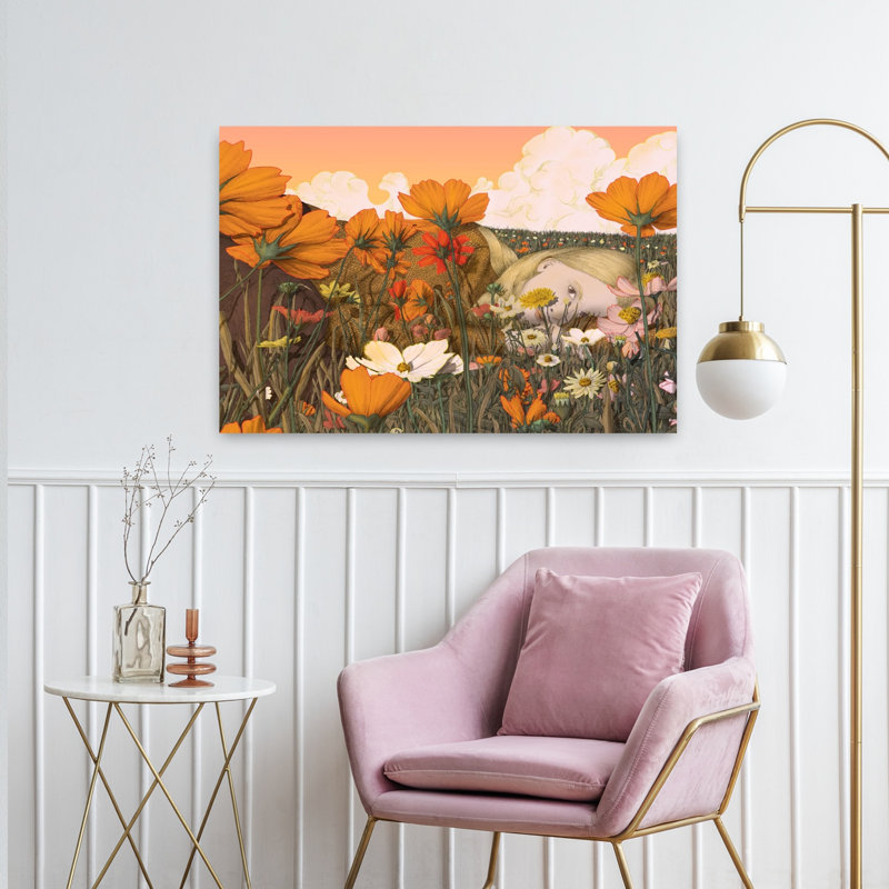 «Blond Girl in Flowers Dreamy Peaceful Serene Flower Nature», art mural, H 36 po x l 24 po