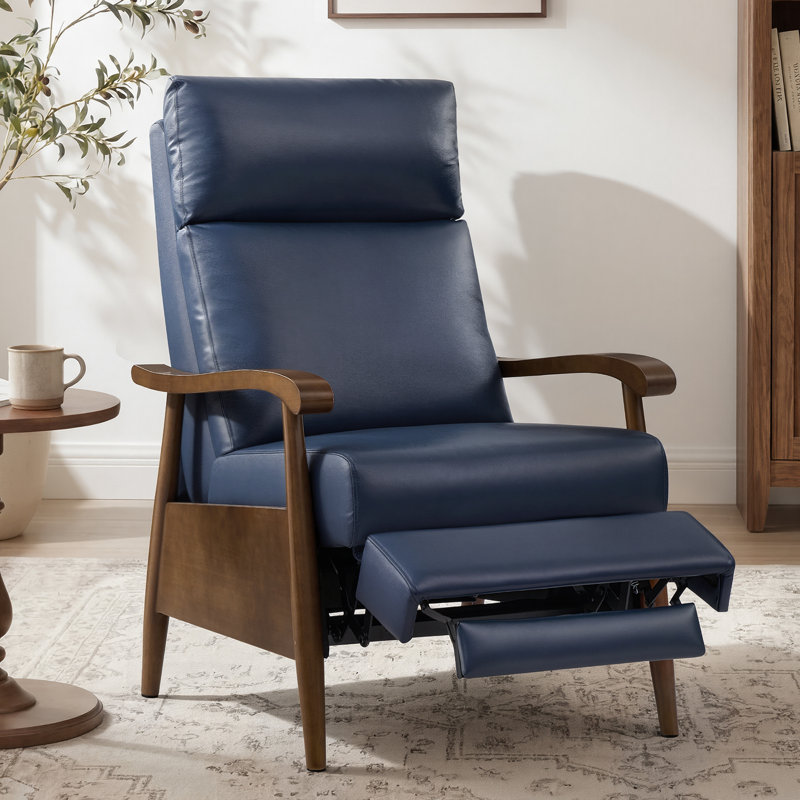 Genuine Leather Push Back Recliner Chair, Solid Wood Arm Mid Century Modern High Back Recliner, 3 Position Adjustable Manual Reclining Lounge Chair for Living Room Bedroom And Reading Nook