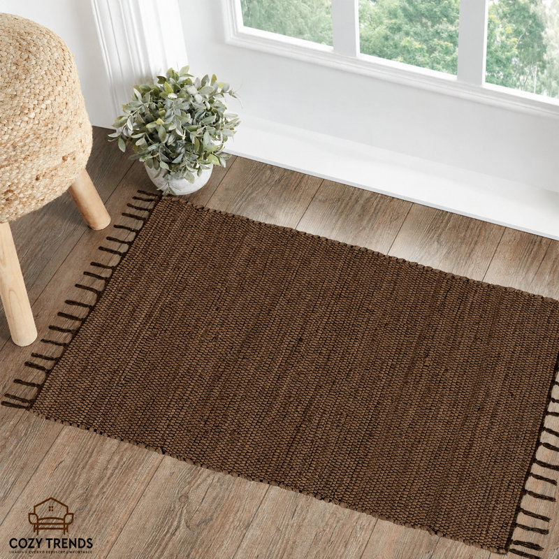 Handwoven Cotton Washable Reversible Rag Rug 2' X 3' With Tassels, Brown