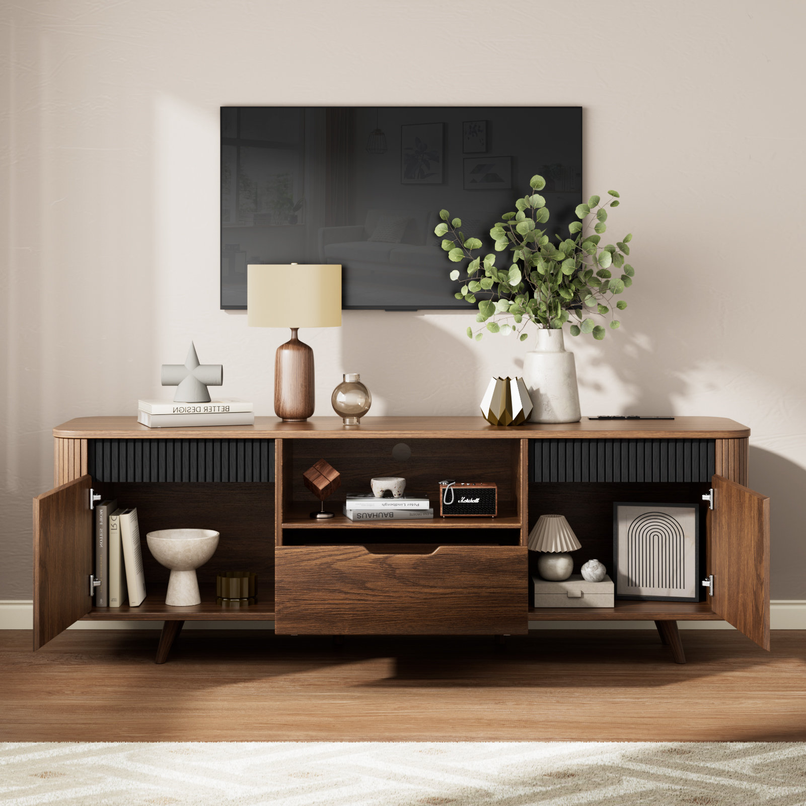 Modern Wood Tv Stand With Power Outlet,Storage And Shelves To Fit Up To 65" Tvs