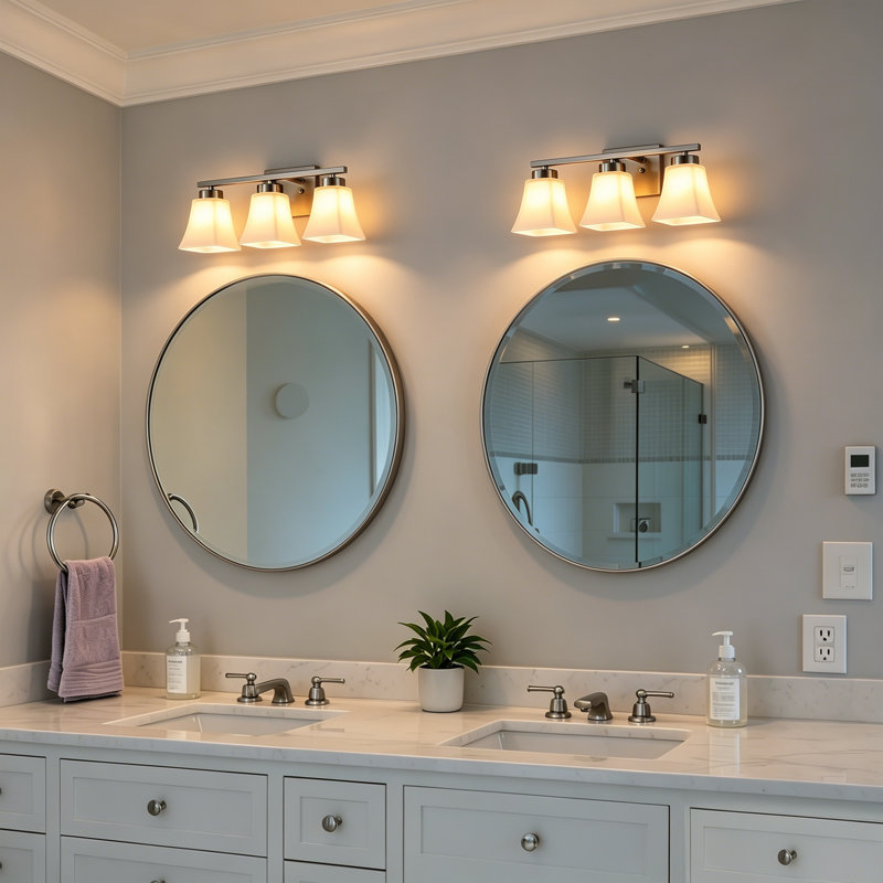 Luminaire de salle de bain 3 lumières en nickel brossé 19 po à 3 lumières avec verre blanc, montage vers le haut / bas, intensité variable