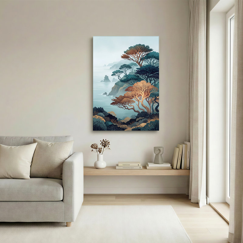 Impression sur toile stylisée «Orange and Teal Trees on Misty Coastline», 36"H x 24"W