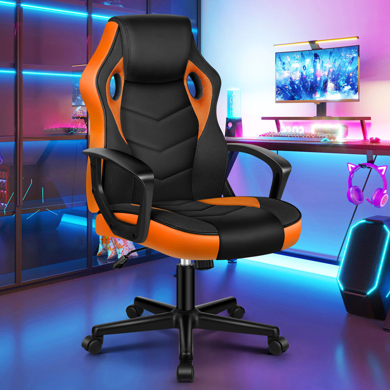 Inbox Zero Adjustable Faux Leather Swiveling PC & Racing Game Chair, Orange