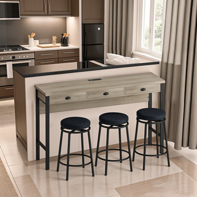 Ensemble de table de cuisine à 3 tiroirs avec table de prises de courant et tabourets en polyuréthane