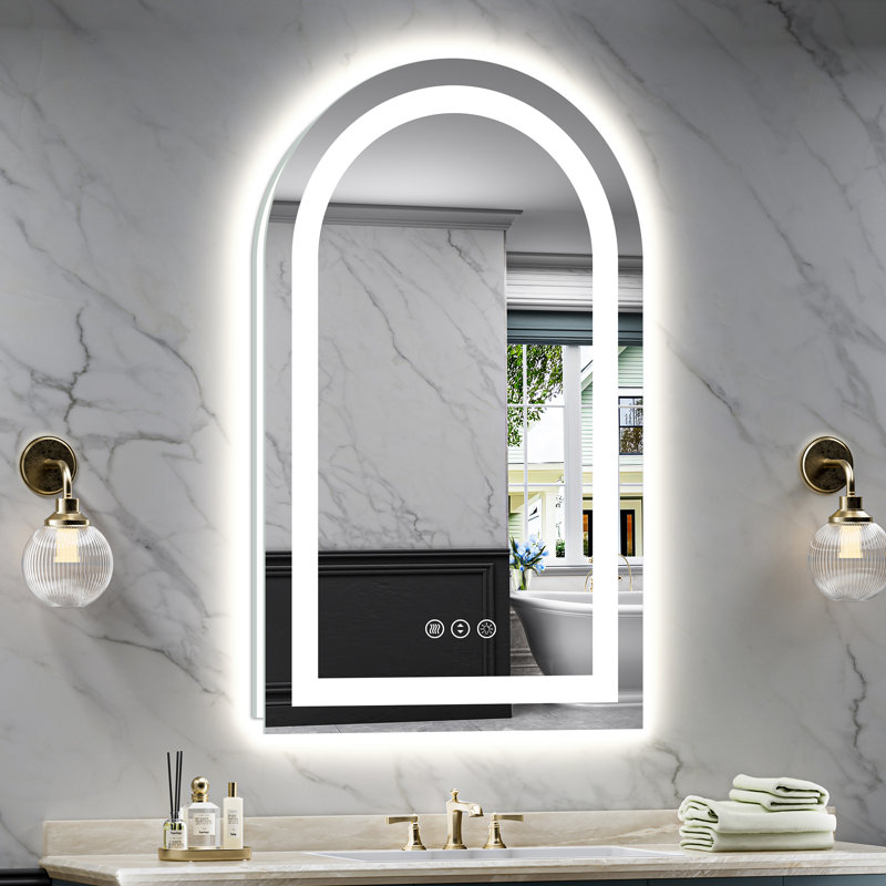 Arch Bathroom LED Mirror with Frontlit & Backlit, Anti Fog Lighted Vanity Mirror with Stepless Dimmable, ETL Listed, IP54 Waterproof, CRI90+, HD Tempered Glass