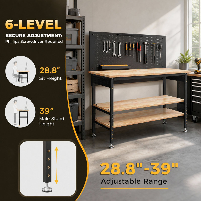 Établi 60 po multifonctionnel pour garage avec panneau perforé, charge de 2 000 lb, hauteur réglable, éclairage à DEL, plateau en bois d'hévéa