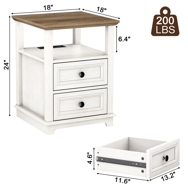 Bijal 24'' Tall Tray Top Frame 2 - Drawer End Table and Built-In Outlets, Brown/White