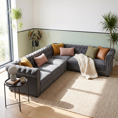Denelle 115.3" L-Shaped Sleeper Sofa, Velvet Chesterfield Convertible Couch with Pull-Out Bed, Gold Trim Rolled Arms, Button Tufted Oversized Sectional with Throw Pillows, 6-Seat Sofa