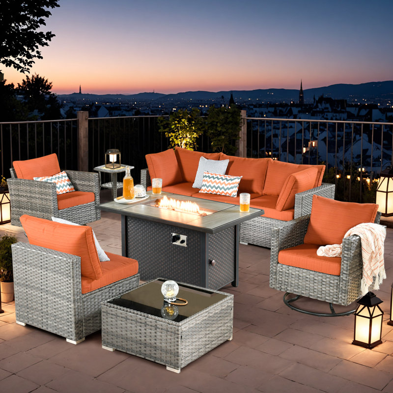 Wicker 6 - Person Outdoor Seating Group With Cushions With Fire Pit Table And Swivel Rocking Chairs, Orange