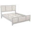 Structure de lit grand lit en bois avec tête de lit tapissier, tissu blanc et beige, plateforme en bois massif, style campagne moderne