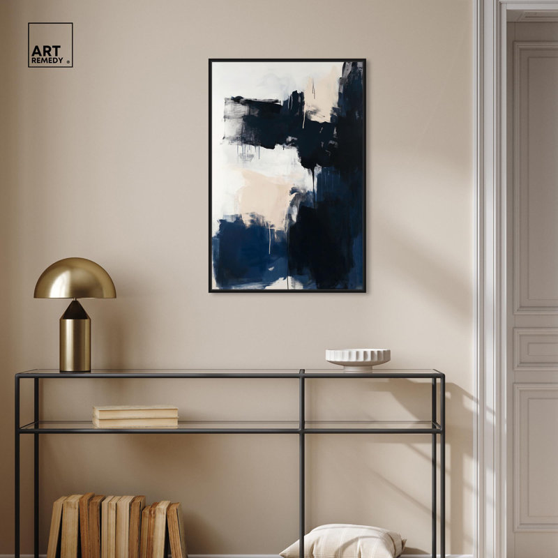 «Skyline Blue Brush II», art abstrait bleu par Art Remedy, Cadre noir, H 31 po x l 21 po