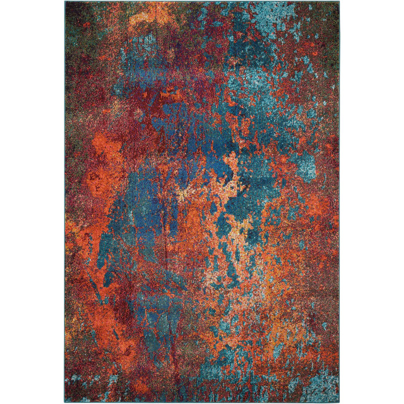 Tapis bleu / rouge à motif abstrait Velva, Rectangle 3 pi x 5 pi
