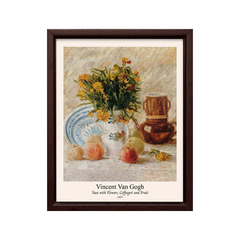 Van Gogh - vase avec fleurs, Canvas, 08"H x 10"W, Brown Framed